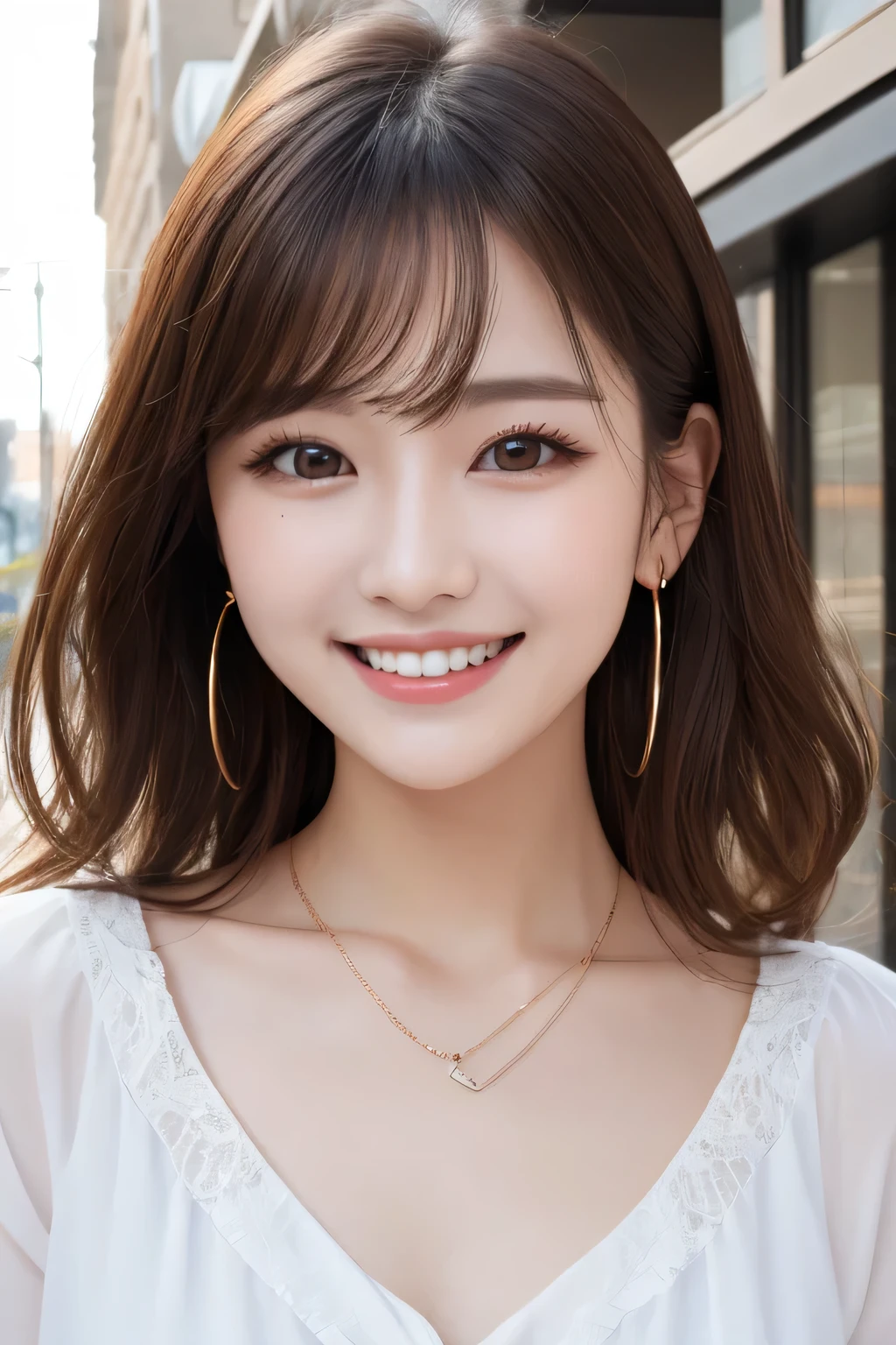 Highest quality, ,smile、Beautiful teeth alignment、Light brown hair、Dark eyeliner、、Long sleeve blouse、ear piercing、necklace, , Face Focus、The background is the building's corridor.