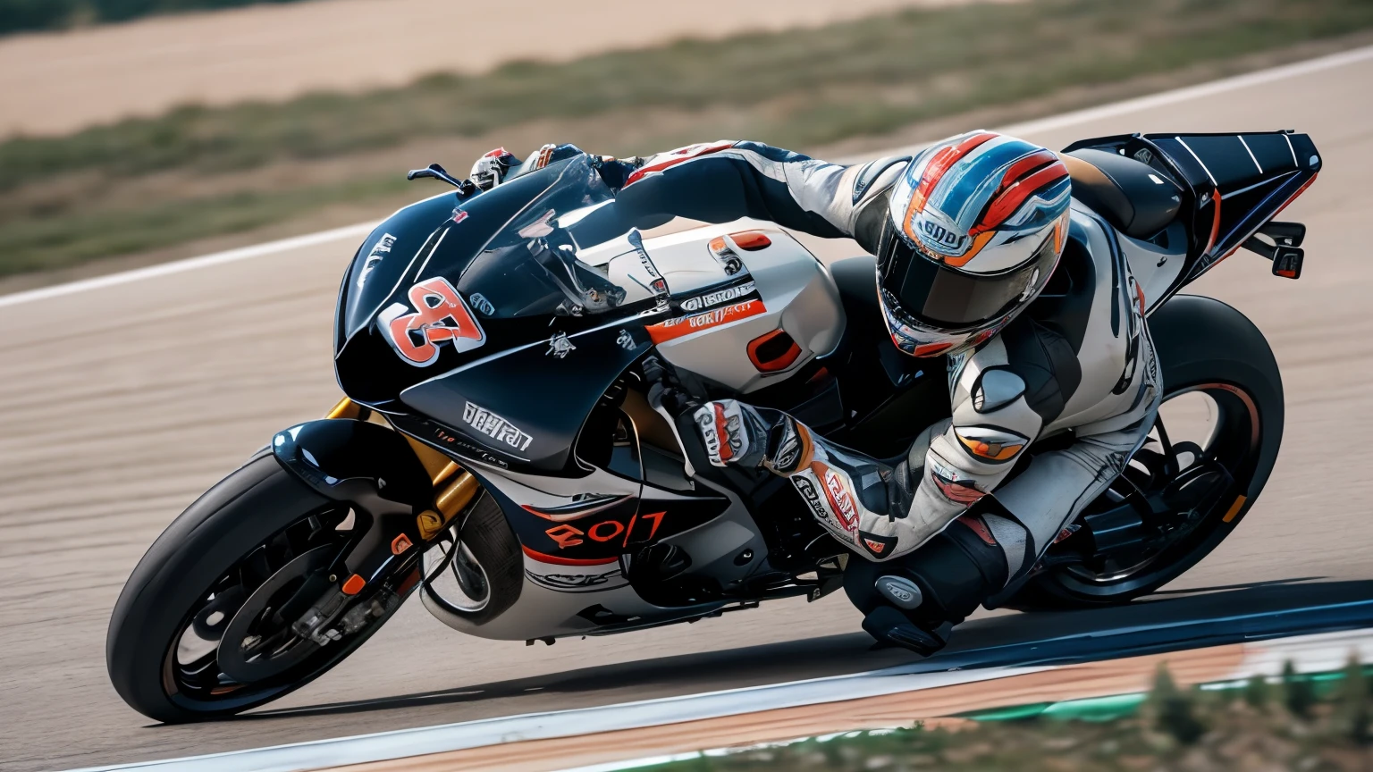 (best quality,4k,8 K,a high resolution,masterpiece:1.2),ultra-detailed,(realistic,photorealistic,фотоrealistic:1.37), boy, motorcycle racing out соответствовать, in a helmet, rushes at high speed along the highway, blur of surroundings, speed, clinging to the motorcycle, Sorvigolov, realistic, 8 K, Code photo, photo realistic, riding a Honda Repsol superbike, ((film grain, hips, light particles ,dust, Extreme camera angle))