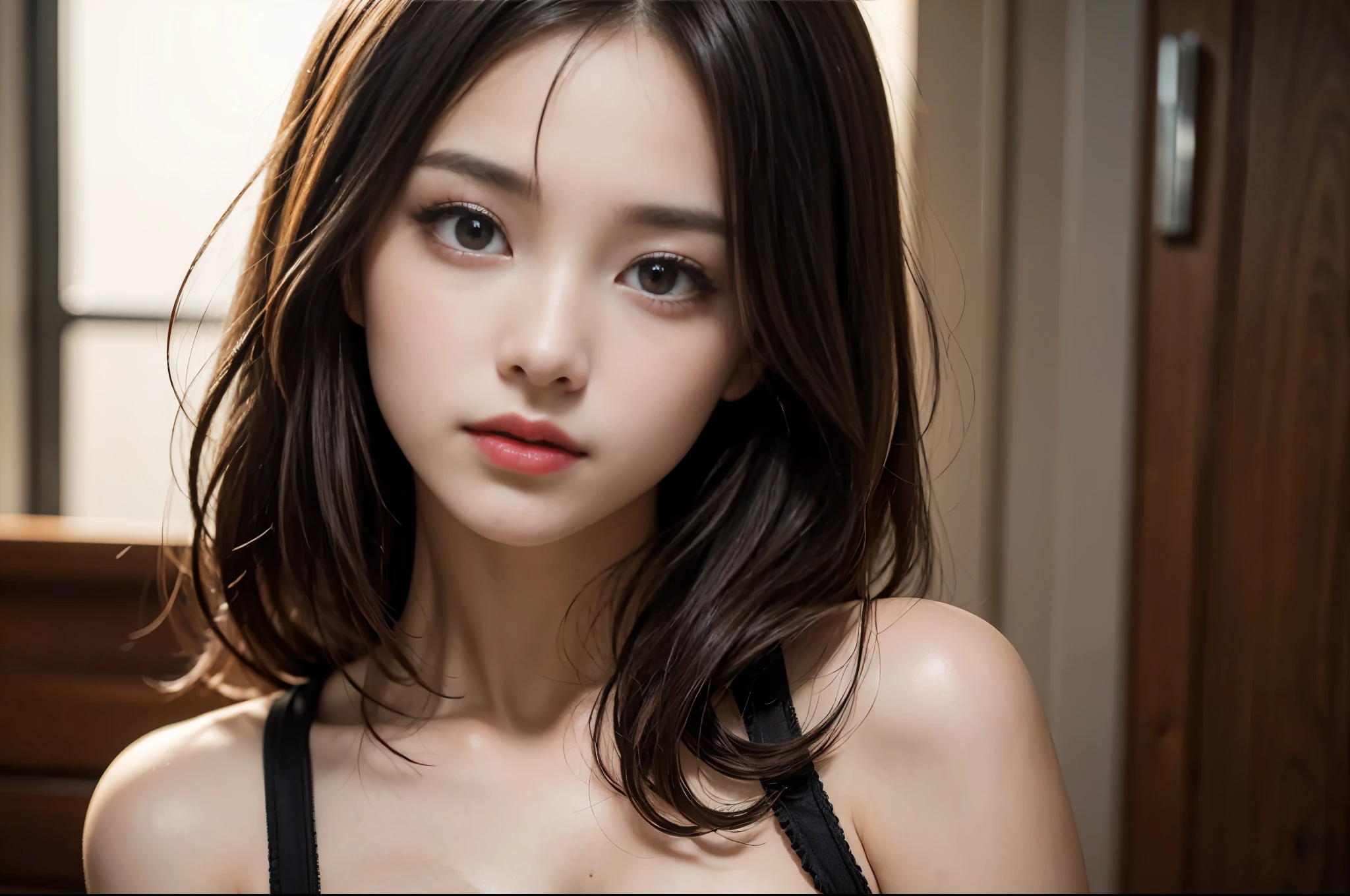 (Best quality,8k,high resolution,masterpiece:1.2),Digital Artwork, A girl,Delicate face,Delicate eyes,Dark brown hair,Straight Hair,Shining amber eyes,Red lips,Suspenders ,particle,dust,Slightly blush,shy,in love,looking at affectionately,(HD skin),Cleavage,Shallow depth of field,Warm colors,Two-color light