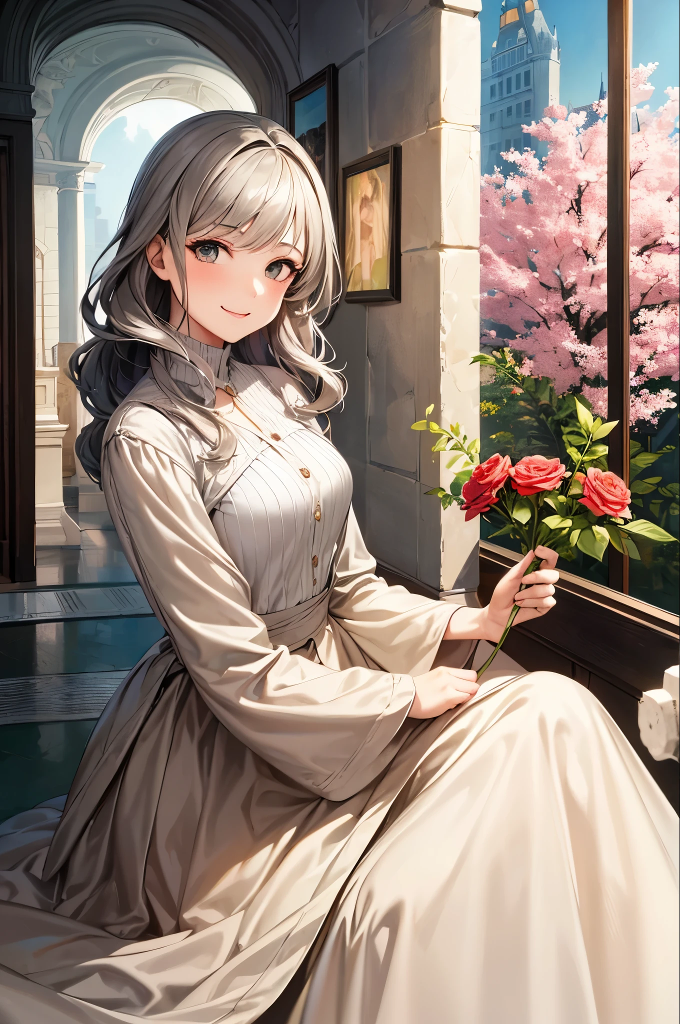 masterpiece, Highest quality, One girl, Gray Hair, smile, View your viewers, Fully mature, Holding flowers