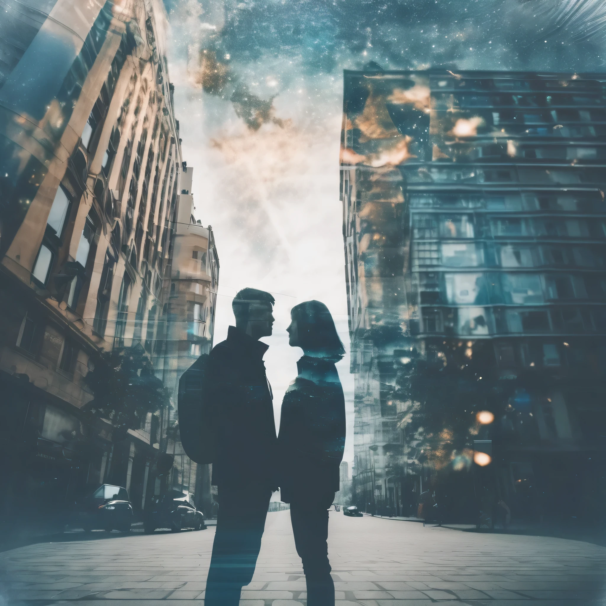 multiple exposure photography, double exposure, couple portrait and building, perfect composition, street photography style, universe