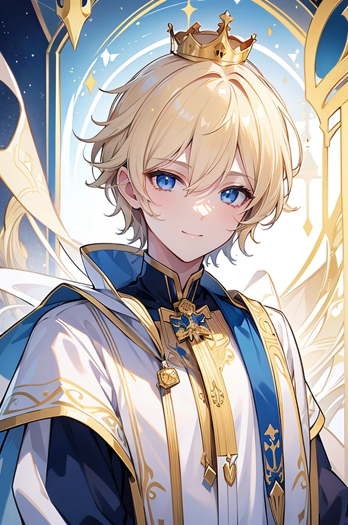 (Highest quality)　(4K)　(8k)　(High resolution)　(masterpiece:1.2)　(Super detailed)　One boy　short hair　Wizard　Blue Eyes　Long sleeve　Golden decoration　Hair between the eyes　White Dress　Wavy golden hair　Upper Body　(large crown)　(White Background)　(profile)　Face close-up　Young　smile