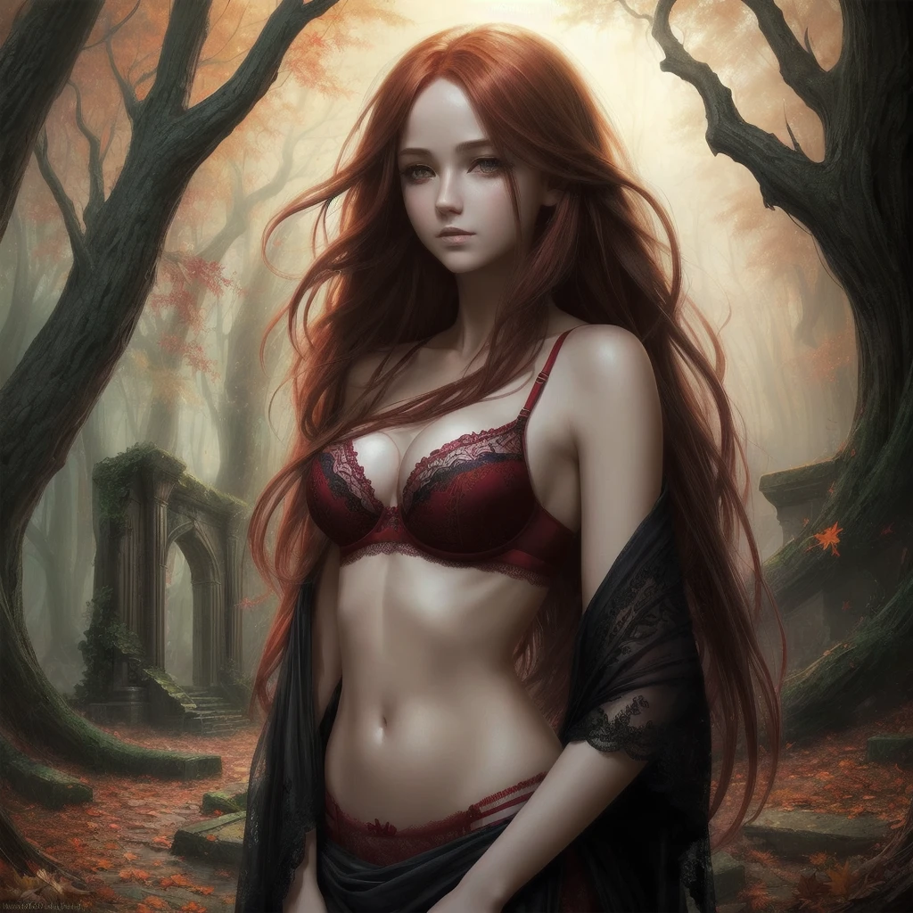 (high quality, ArtStation, Relax Art, fantasy style:1.2), (A beautiful girl), (long messy red hair), (black lace bra), (autumn ruins background)