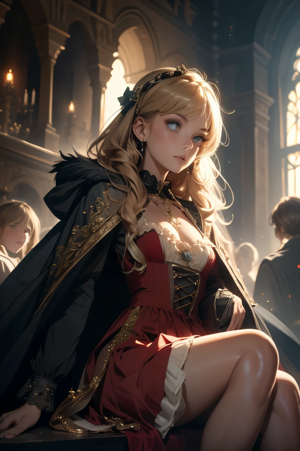 ((best quality)), ((masterpiece)), (detailed), perfect face, a knight, a knight, Bloodborne inspired, tatty Bloodborne attire, occult aesthetic, occult, tatty red and white clothing detailed and intricate steampunk and detailed gothic lolita (with a hood), long coat, Complex laced boots, Fluttering lace flared long knee length dress with frilly petticoats, long dress, knee length dress, pleated petticoats, lolita dress, petticoats gothic lolita, beautiful small breasts