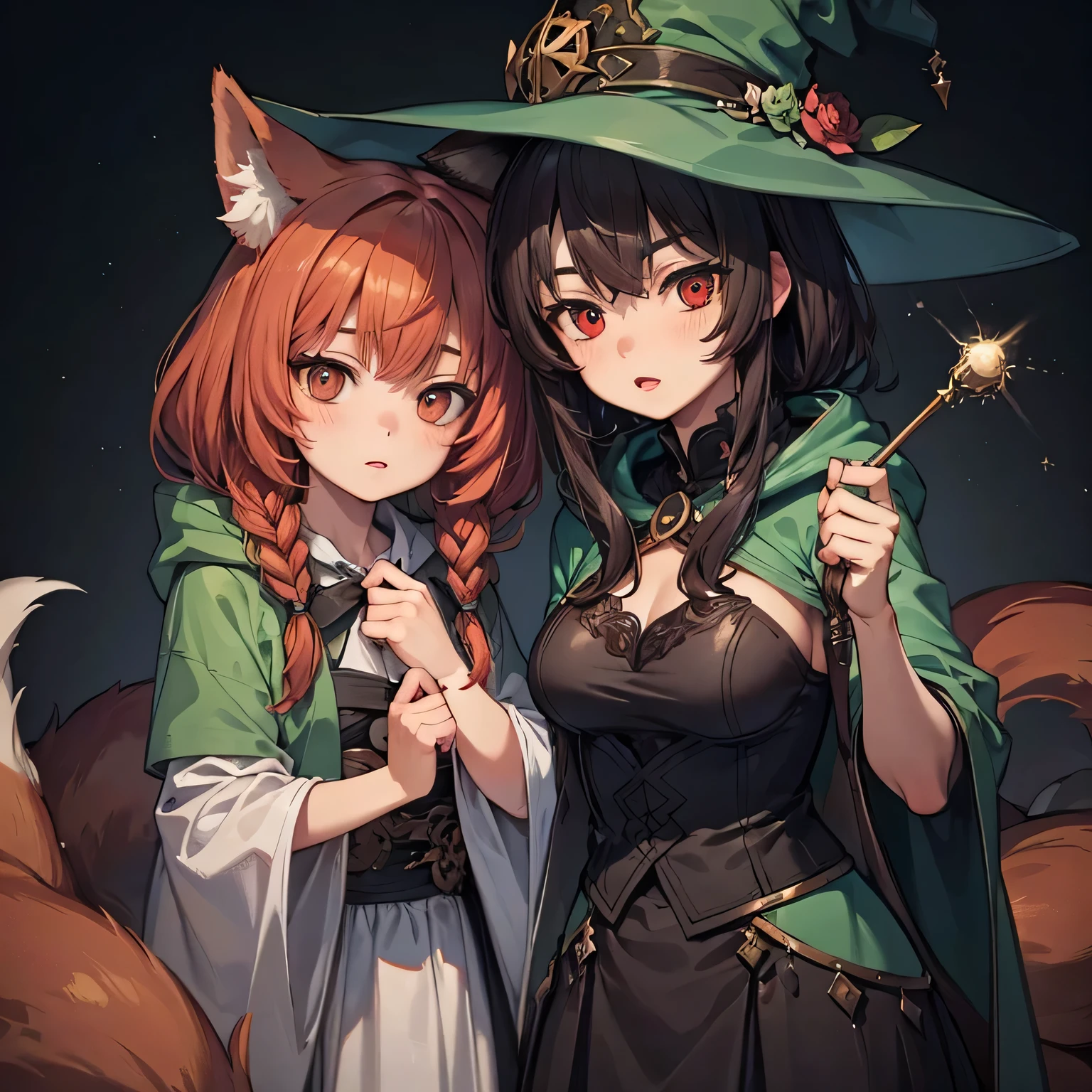 a girl with nine tails, red hair, brown eyes, fox ears, serious expression wearing a green hooded cloak, another girl with black hair, red eyes, witch hat, two friends, (best quality,4k,8k,highres,masterpiece:1.2),ultra-detailed,(realistic,photorealistic,photo-realistic:1.37),detailed facial features,intricate clothing, dynamic poses, vivid colors, dramatic lighting, fantasy art style
