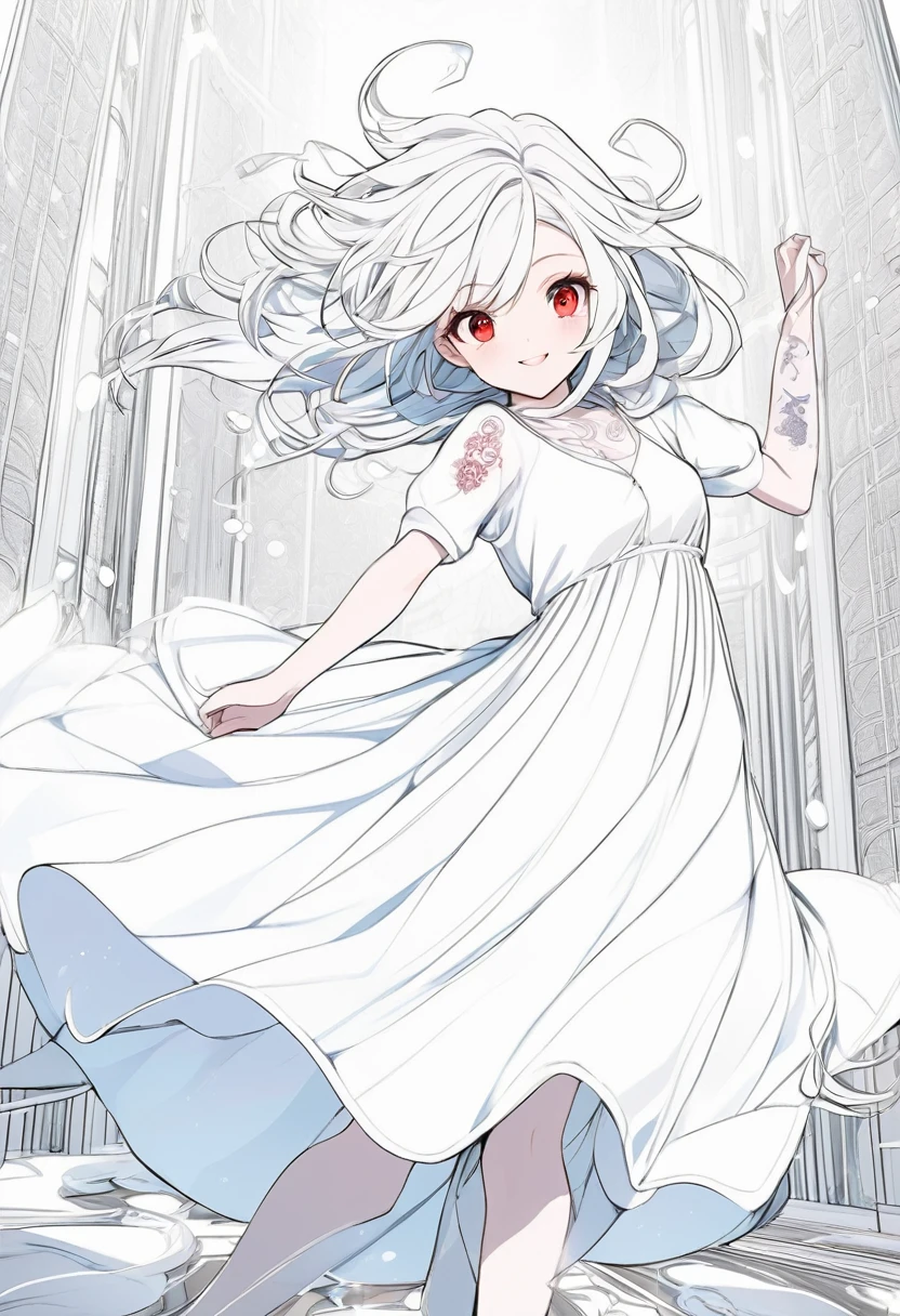 line art, iridescent white light effect, 2.5D, delicate and dynamic, pure white world, cute white Medusa girl, captivating smile, loose dress, thin flat body line, skipping happily, covered in tattoos, background white, white temple, white grounds, manga-style images, shading, contrast magic effects, BREAK attractive red eyes