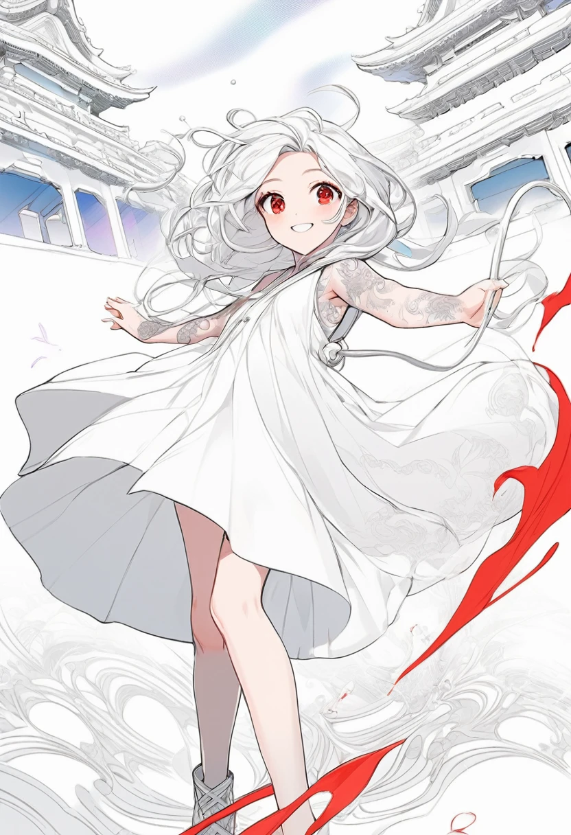 line art, iridescent white light effect, 2.5D, delicate and dynamic, pure white world, cute white Medusa girl, captivating smile, loose dress, thin flat body line, skipping happily, covered in tattoos, background white, white temple, white grounds, manga-style images, shading, contrast magic effects, BREAK attractive red eyes
