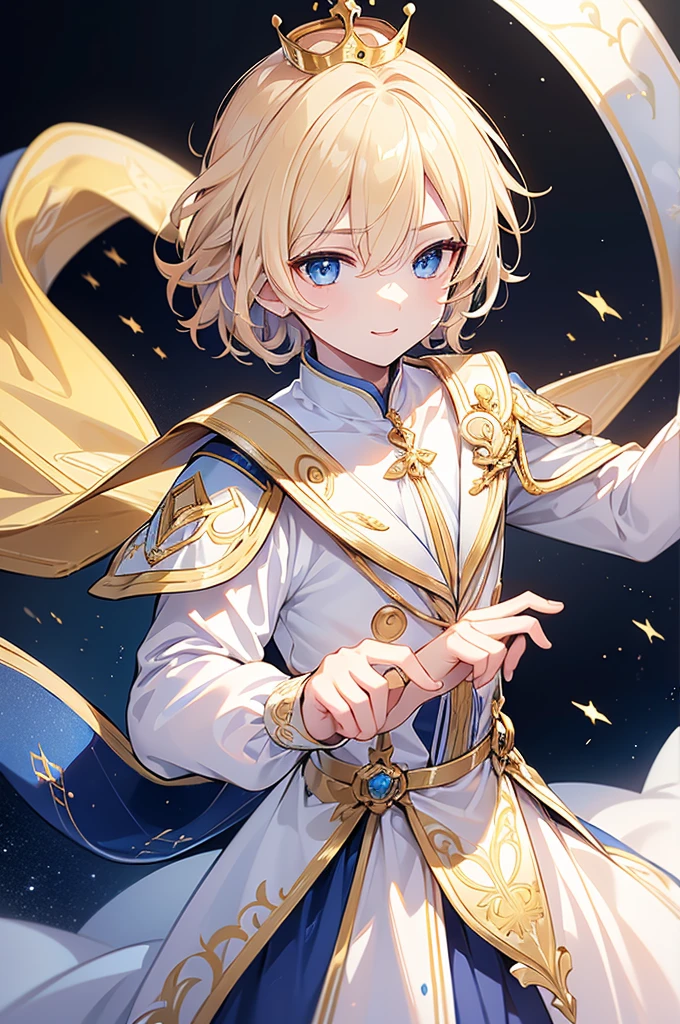 (Highest quality)　(4K)　(8k)　(High resolution)　(masterpiece:1.2)　(Super detailed)　One boy　short hair　Wizard　Blue Eyes　Long sleeve　Golden decoration　Hair between the eyes　White Dress　Wavy golden hair　Upper Body　(large crown)　(White Background)　(profile)　Face close-up　Young　smile