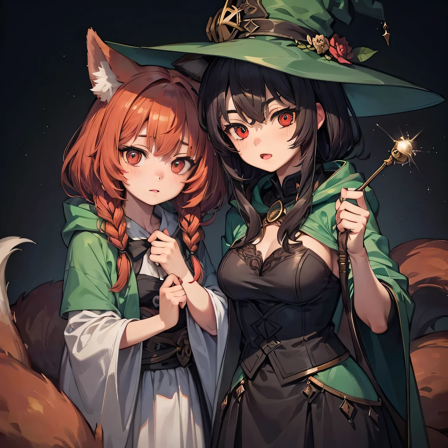 a girl with nine tails, red hair, brown eyes, fox ears, serious expression wearing a green hooded cloak, another girl with black hair, red eyes, witch hat, two friends, (best quality,4k,8k,highres,masterpiece:1.2),ultra-detailed,(realistic,photorealistic,photo-realistic:1.37),detailed facial features,intricate clothing, dynamic poses, vivid colors, dramatic lighting, fantasy art style