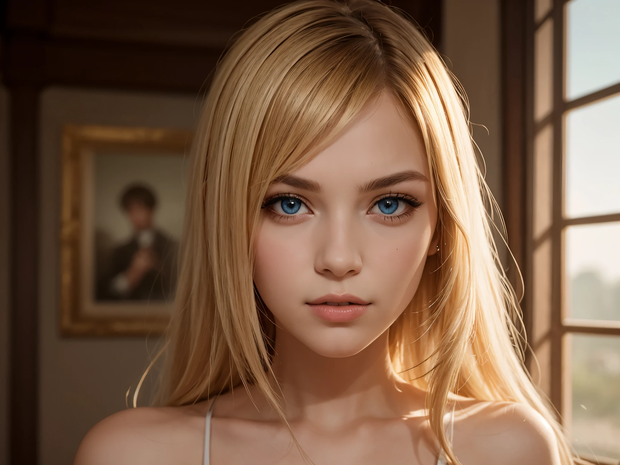 (Best quality,8k,high resolution,masterpiece:1.2)，Digital Artwork，A girl，Delicate face，Delicate eyes，Mi blonde hair，Long straight hair，shiny blue eyes，Red lips，particle，dust，Warm colors，shy，in love，Eevee drawing，Men&#39;s white collar shirt，necklace，Pretty Face，Large Breasts，more than_Body，Tyndall effect，lifelike，Dark Studio，(HD Skin:1.2)，8k Ultra HD，Soft Light，high quality，Edge lighting，Two-color lighting，Volumetric Lighting，frank，Professional photography，超high resolution，8k，Bokeh，Shallow depth of field，Film photos