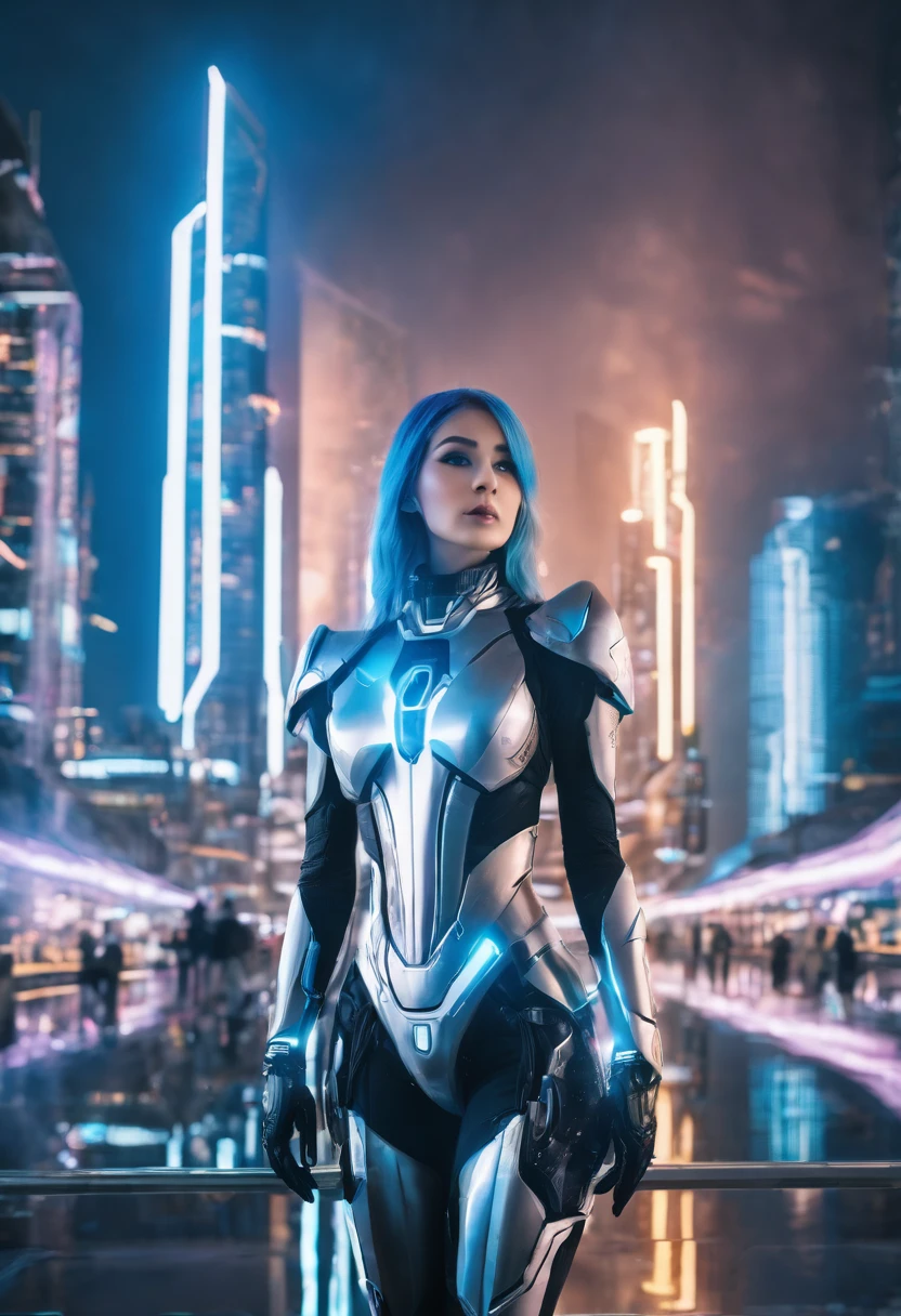 European beautiful woman,AI vision,science fiction,future,futuristic,cyber cosplay, in future city, soft light, full body