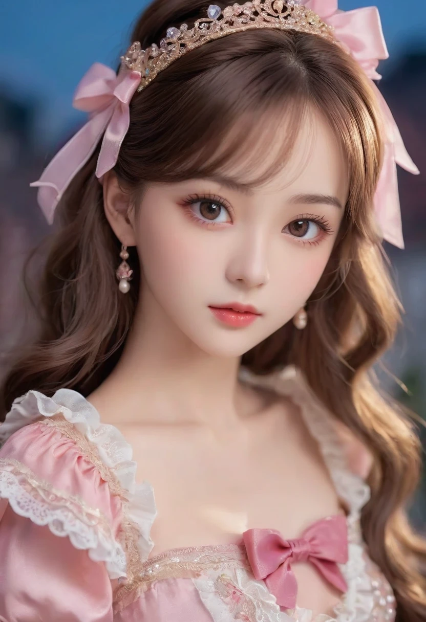 Highest quality, Super nothing, Realistic, Beautiful Woman Photos, Young people in their 30s, Detailed face, Brown Hair,Beautiful Hair、Exquisite porcelain doll,Delicate clothes with plenty of frills and ribbons), (Face close-up), Attractive look, Looking at the audience、High Performance、High quality waiting to start (Highest quality, 8k, masterpiece: 1.3), Clear focus: 1.2, beauty: 1.4, Abdominal muscles: 1.1, Brown Hair, Princess Dress: 1.4, Outdoors at night: 1.1, Beautiful face and eyes, double eyelid. Add Realistic lighting, Simple Background.Luxury Dresses、Pink Dress