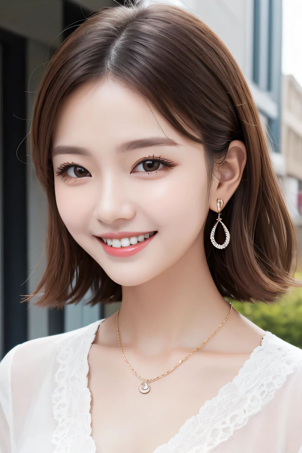 Highest quality, ,smile、Beautiful teeth alignment、Light brown hair、Dark eyeliner、、Long sleeve blouse、ear piercing、necklace, , Face Focus、The background is the building's corridor.