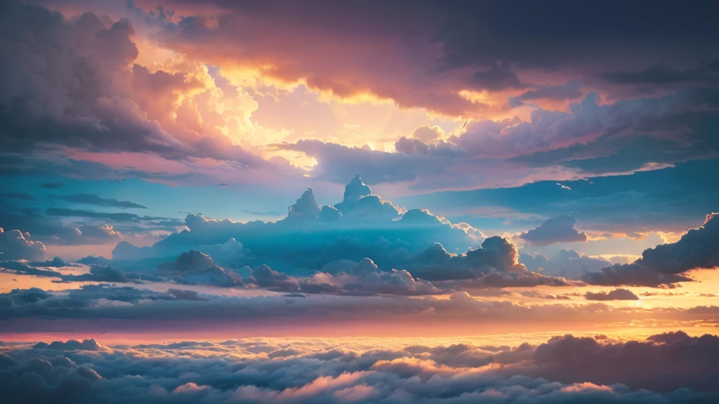 Absurd, High resolution, (Official Art, beautifully、aesthetic:1.2), close, Bright Sky, A vast world, Awe-inspiring expressions, Distant Horizon, cloud, High Hill, Natural Beauty, Inspiration, Light effects