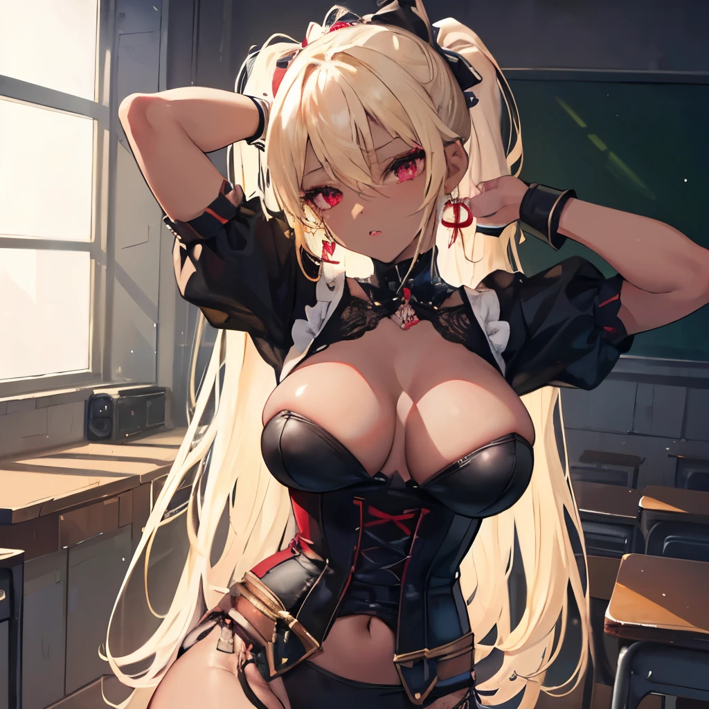 nsfw:1.2,(masterpiece:1.2、Highest quality、Tmasterpiece)、1 female、alone、classroom、Day、stand、blonde、ponytail、Red eyes、(radio control:1.4)、(Dark Skin:1.4)、Big Breasts、(Place your hands behind your head:1.2)、corset、Hoop Earrings、lipstick、I'm sweating a lot、Ring Choker、Scrunchie、blush、Covered breasts、Bangs braids、(Thick lips:1.2)