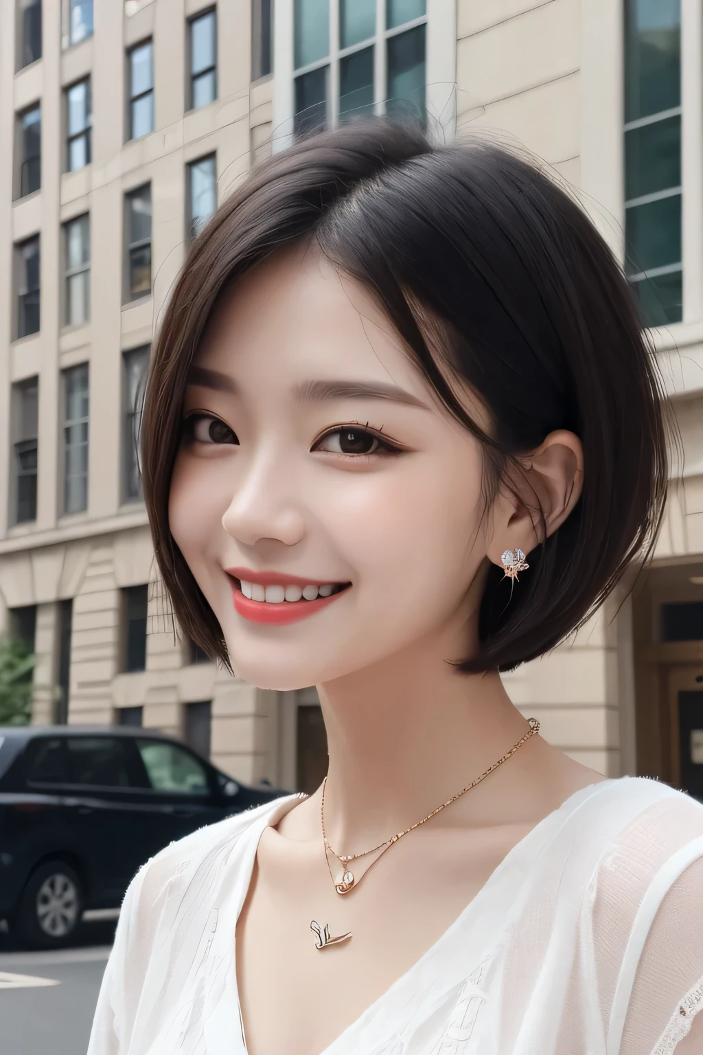 Highest quality, ,smile、Beautiful teeth alignment、Black Hair、Short Haircut、Dark eyeliner、、Long sleeve blouse、ear piercing、necklace, , Face Focus、The background is the building's corridor.