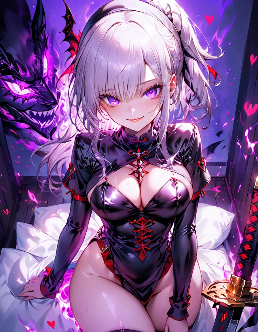 Young and beautiful woman,(Highest quality,Extremely detailed depiction,Incredible high resolution,Anatomically accurate depiction,Curvy Legs),(Glowing Skin,Glowing Skin,Oilskin),(Nuns,複雑な光沢のあるのNunsの服),eyelash,(Intense glowing purple eyes,Crazy Eyes,There is cleavage in the chest,魅惑的なsmile,Glossy Lips,Seductive gestures),Sweat,whole body,background:Bedroom at night,Fallen into evil、Succubus、One Female Knight、、armor、sword、Big Breasts、Silver Hair、Blue Eyes、ponytail、Hearts in your eyes、Lewd、smile、Trance、look down、Dirty crest on the abdomen