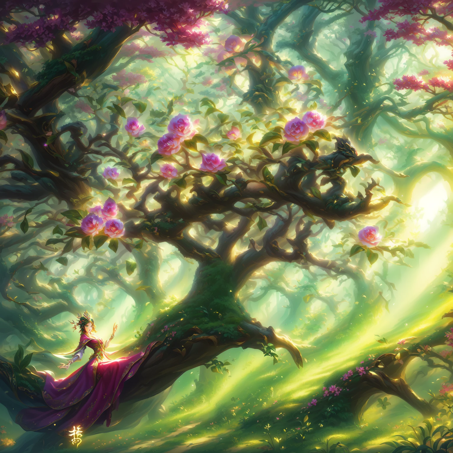 There is a painting,There is a tree full of fruits in the painting, background technology, Royal Garden Background, background technologywork, Fairytale Forest, Stylization的概念艺术, Game assets for plants and trees, Fairy tale style background, Flying trees and park items, Stylization的游戏艺术, Fantasy magic vegetation, Palace Background, Stylization, Game image, Mobile game art
