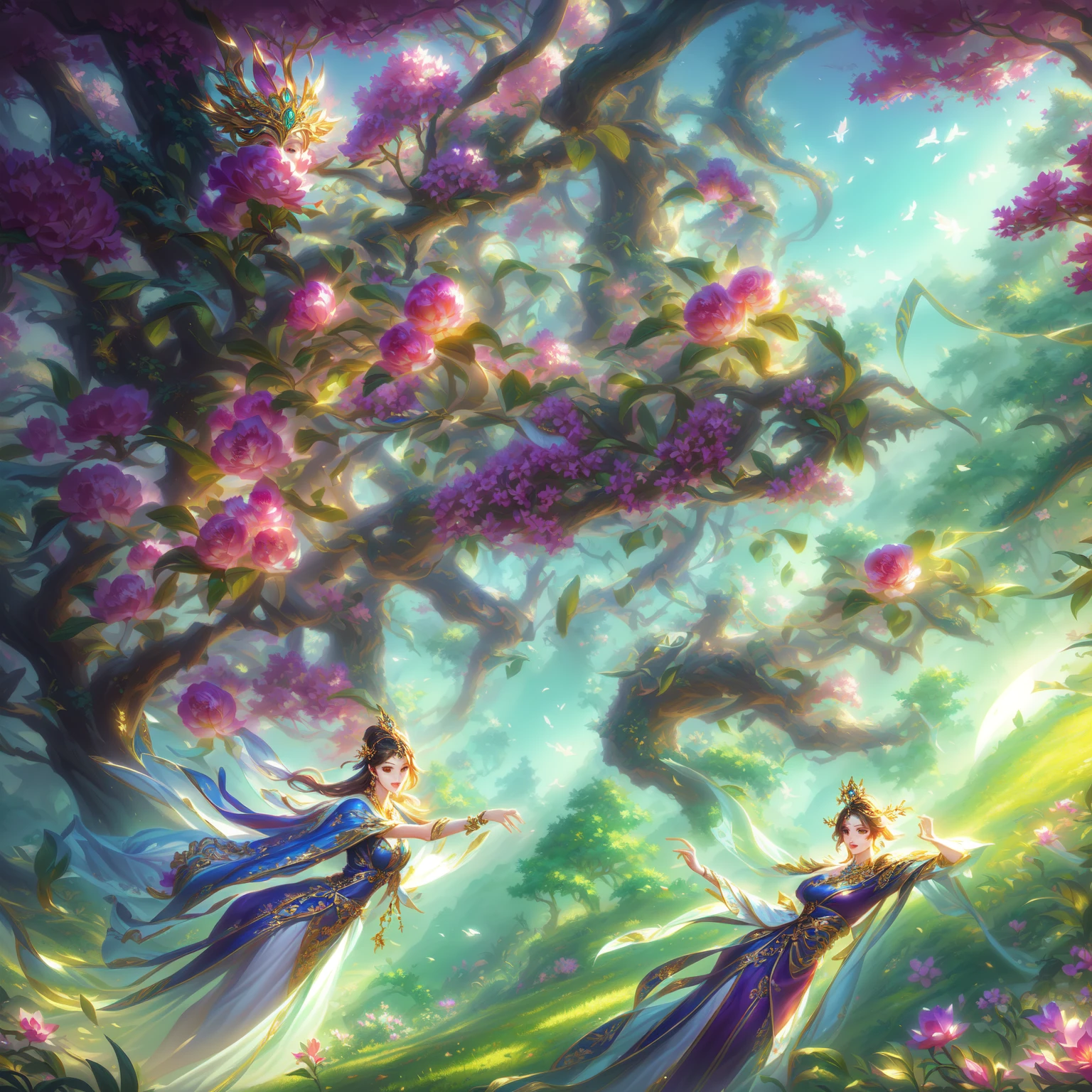 There is a painting,There is a tree full of fruits in the painting, background technology, Royal Garden Background, background technologywork, Fairytale Forest, Stylization的概念艺术, Game assets for plants and trees, Fairy tale style background, Flying trees and park items, Stylization的游戏艺术, Fantasy magic vegetation, Palace Background, Stylization, Game image, Mobile game art