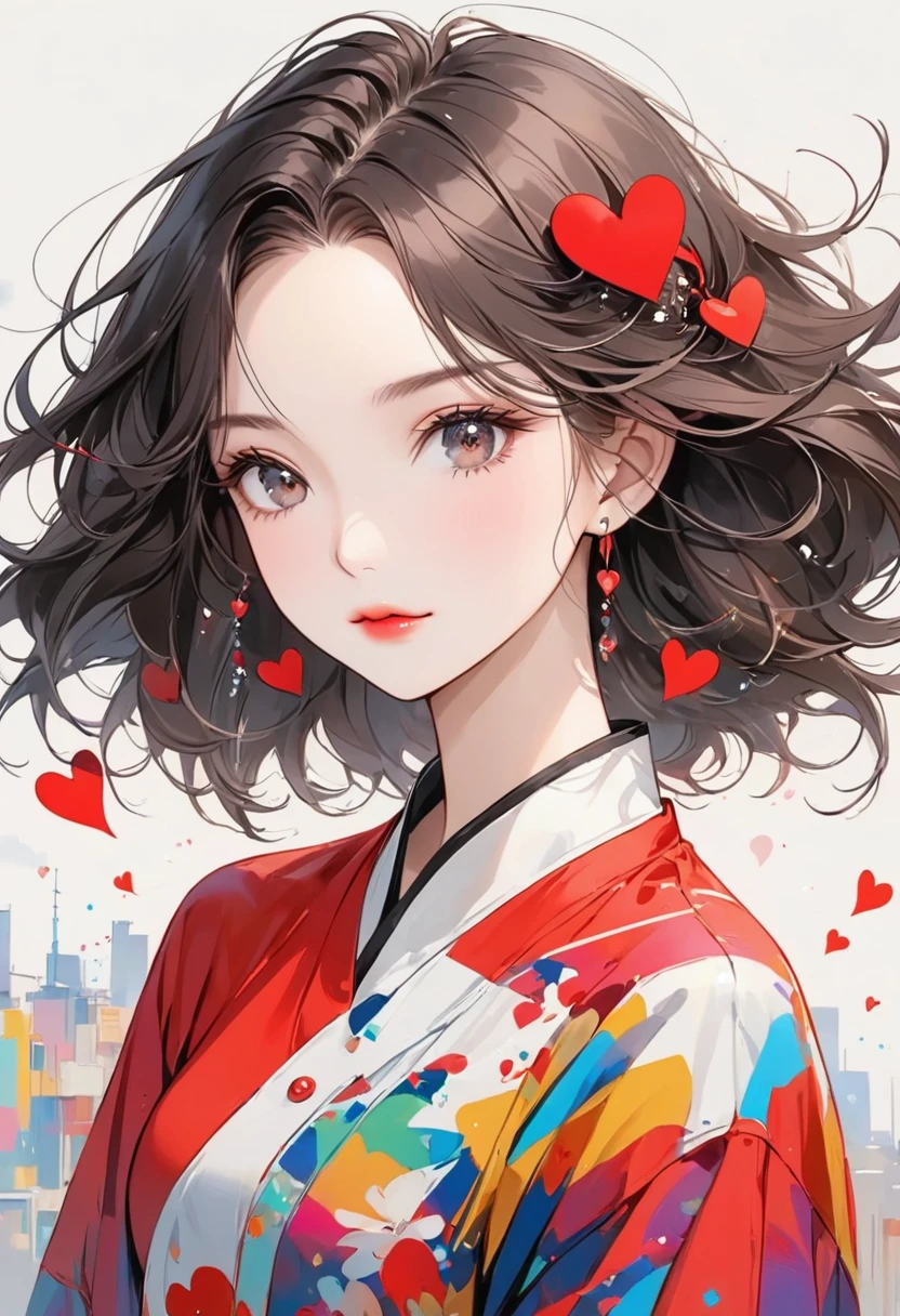 Black Star Red and White style, Simple Line Initialism,Abstract art,Urban Background, (((The most beautiful girl of all time))), Sweet face. Lips in love, colorful hearts, stylish design
