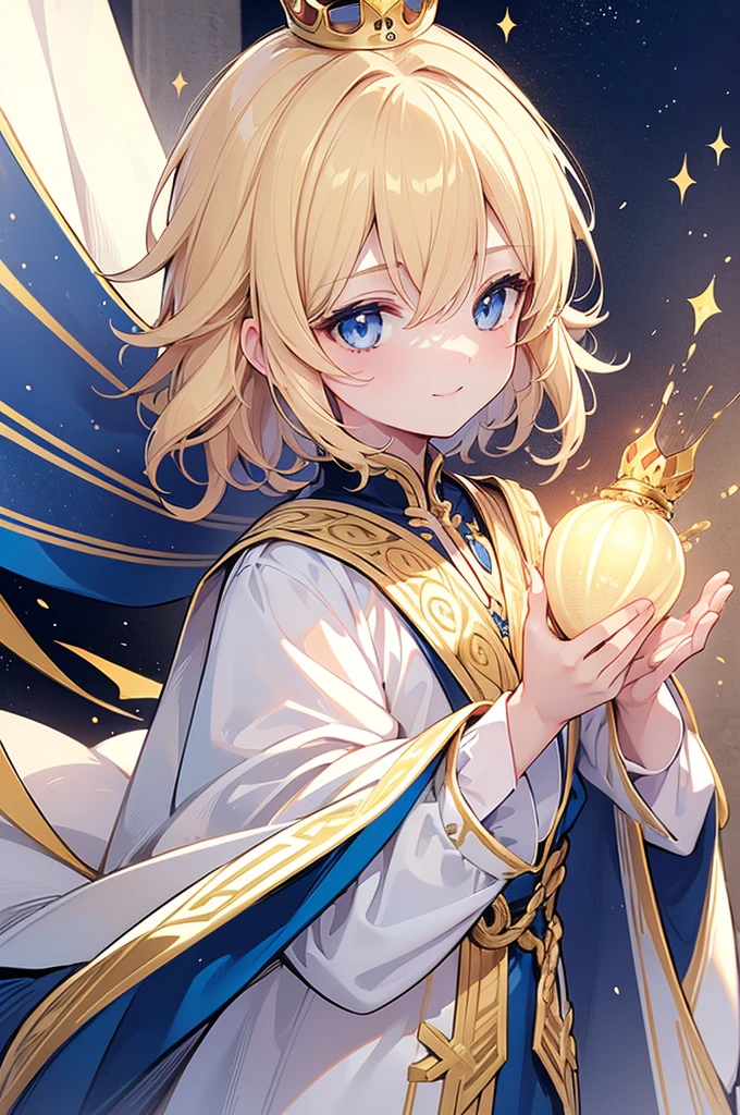 (Highest quality)　(4K)　(8k)　(High resolution)　(masterpiece:1.2)　(Super detailed)　One boy　short hair　Wizard　Blue Eyes　Long sleeve　Golden decoration　Hair between the eyes　White Dress　Wavy golden hair　Upper Body　(large crown)　(White Background)　(profile)　Face close-up　Young　smile