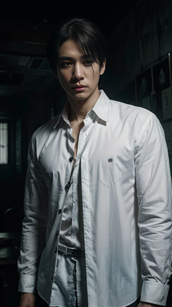 Official Art, Unity 8k Wallpaper, Super Detailed, Beautiful, Beautiful, Masterpiece, Best Quality, White Shirt, Dark, Atmosphere, Mystery, Creepy, Literature, Art, Fashion, Decoration, Complexity, Emotional Depth, Supernatural,, 1man, solo, male, (Korean idol face, sharp eyeline)