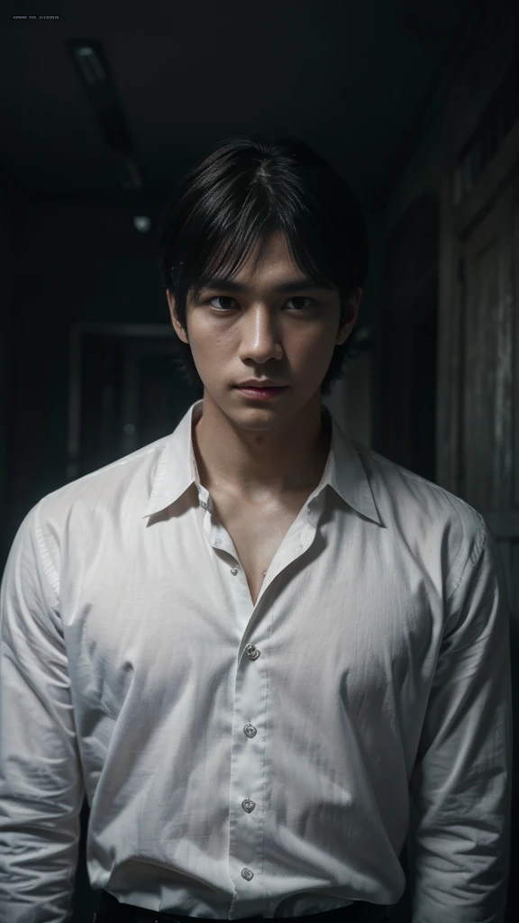 Official Art, Unity 8k Wallpaper, Super Detailed, Beautiful, Beautiful, Masterpiece, Best Quality, White Shirt, Dark, Atmosphere, Mystery, Creepy, Literature, Art, Fashion, Decoration, Complexity, Emotional Depth, Supernatural,, 1man, solo, male, (Korean idol face, sharp eyeline)