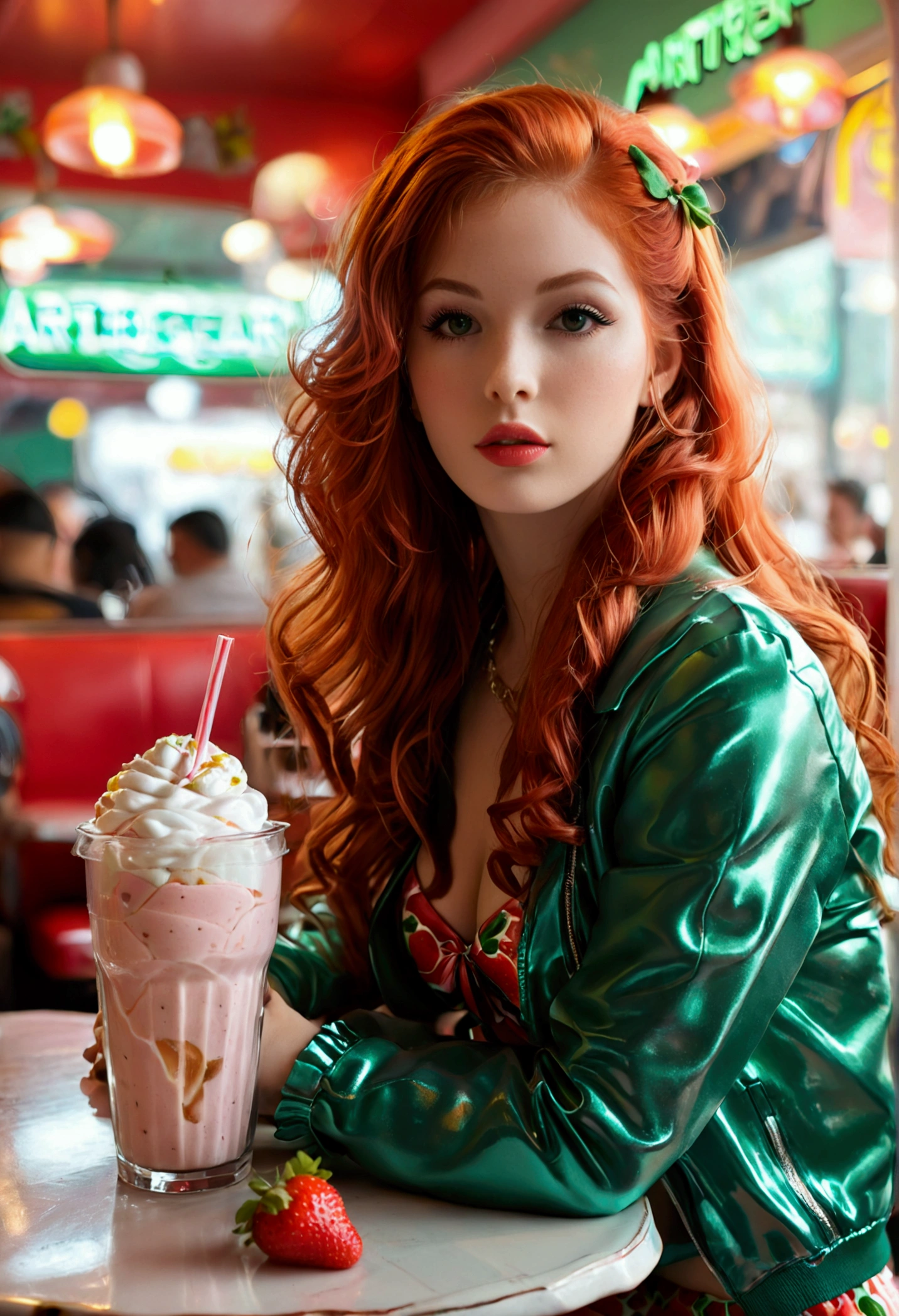ultra realistic, photography, long red hair, girl, 24 years old, hourglass figure, perfect body, natural medium breasts, Flirty look, extremely detailed artgerm, in the style artgerm, facing the camera, lens 35 mm, blur background, in a 60s diner, sitting at a table, strawberry milkshake, tight green cheerleader outfit with great cleavage, seductive smile