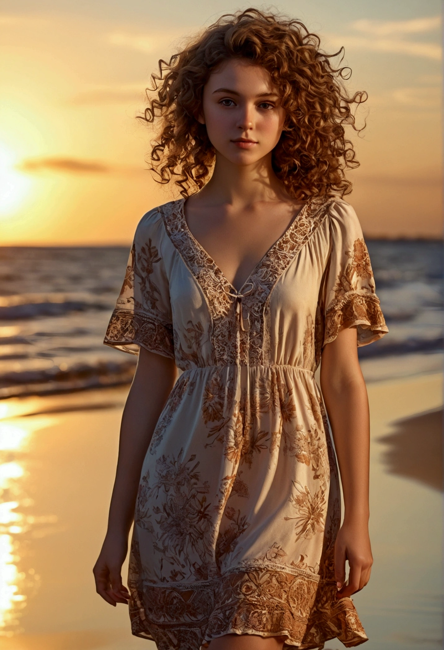 young female,full body, in summer dress, at the beach at sunset, nice face, photo realistic, curly hair, Brown hair