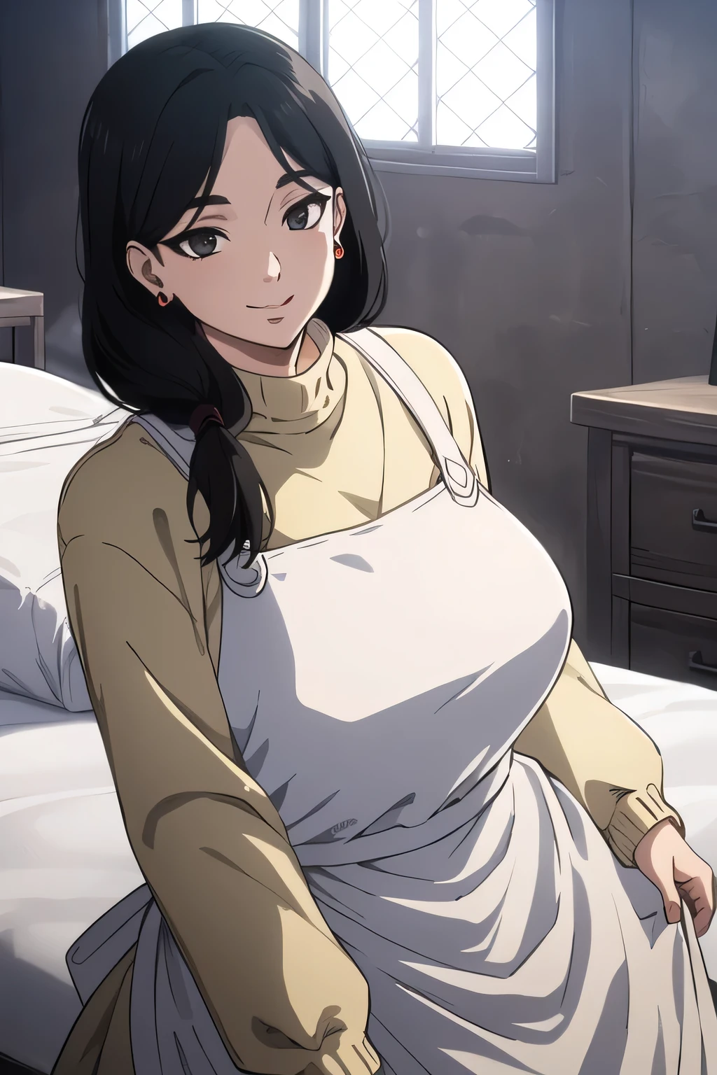 ((Practical)), (masterpiece, best quality), (Mature), Lying on the big white bed, Wearing a white turtleneck sweater,Wide hips,Wearing a black apron, full, Breast sagging, (Short shoulder-length black hair, Bangs), Long skirt, Smile, For the audience, earrings, window
