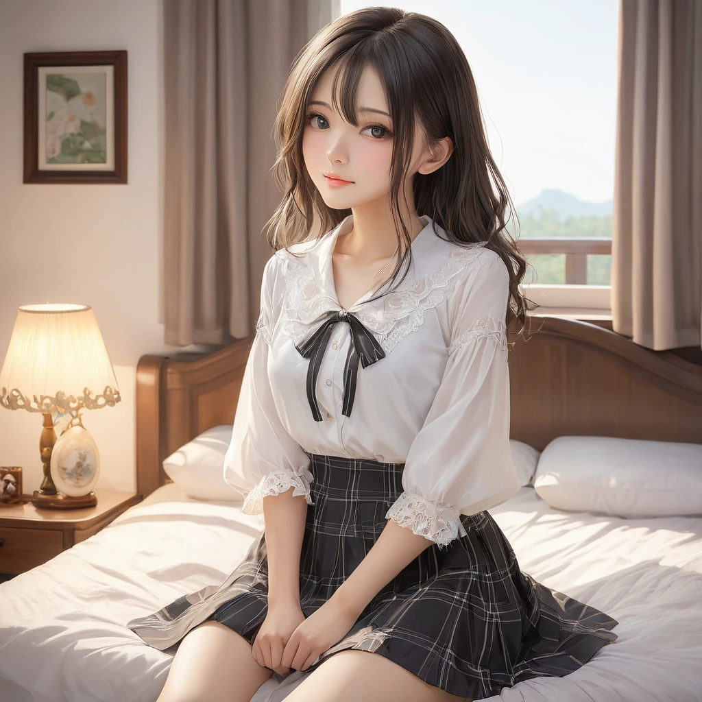 (masterpiece, Highest quality:1.2), One girl, alone,bony body、、master piece , best quality , detailed , blouse , skirt , sitting , (from front) , bed room , indoor