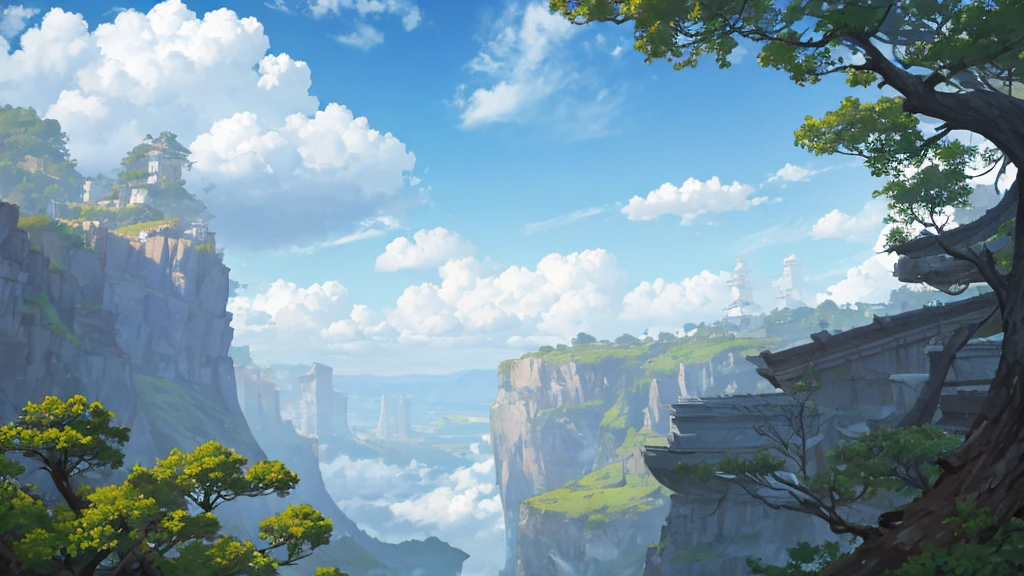 In the forest, high cliffs, cloudy sky