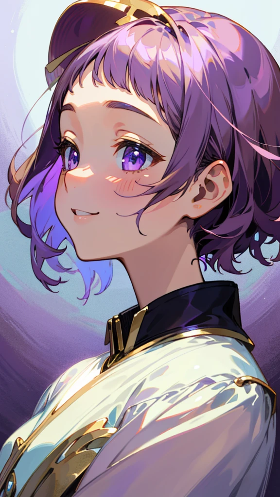 （Highest quality，masterpiece，Surreal），美しい light brown hair、beautiful purple beautiful eyes、Purple short hair、Transparent Hair、Translucent hair、smile、profile、Upper body close-up、Beautiful and delicate girl portrait，Playful and cute，Background with fluttering petals，