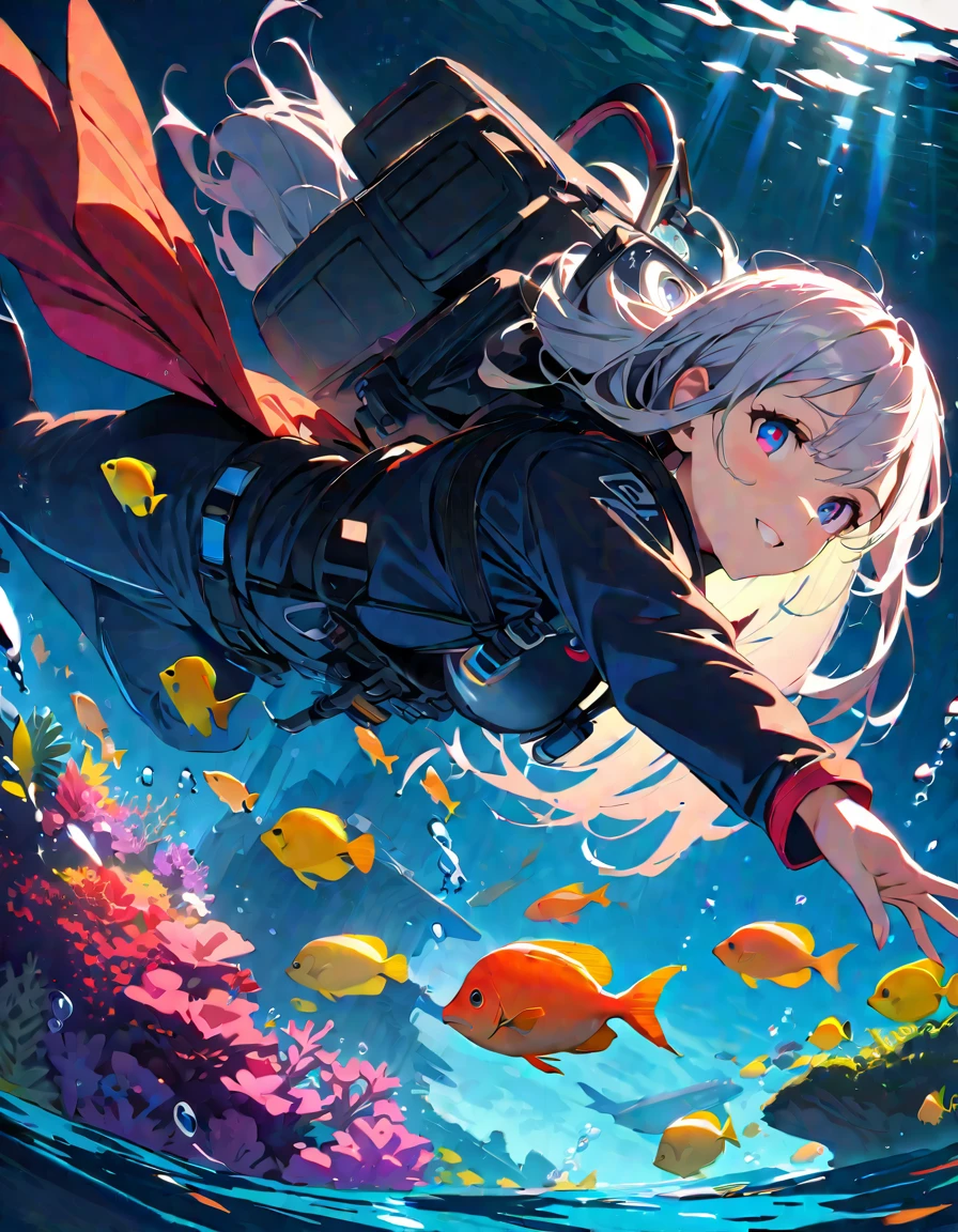 (Highest quality:1.2, Very detailed, up to date, Vibrant, Super Detail, Ultra-high resolution, High Contrast, masterpiece:1.2, Highest quality, Best aesthetics), Detailed eyes、Underwater Scene、Anime girls、Beautiful Lips、Colorful tropical fish、coral、((Wearing a scuba diving suit:1.2))、swimming、Calm expression、rich vegetation、aquatic environment、Light of the sun、Sparkling water reflections、A breathtaking underwater world、Bright colors、Subtle lighting、Tranquility、Life at sea、A masterpiece of art、Surreal atmosphere、Diving goggles、Water bubbles、Shimizu、Tropical paradise、A blissful experience、girl'happy face、coral礁、珍しいLife at sea、Rising Bubbles、Glowing fish scales、A floating sensation like weightlessness。