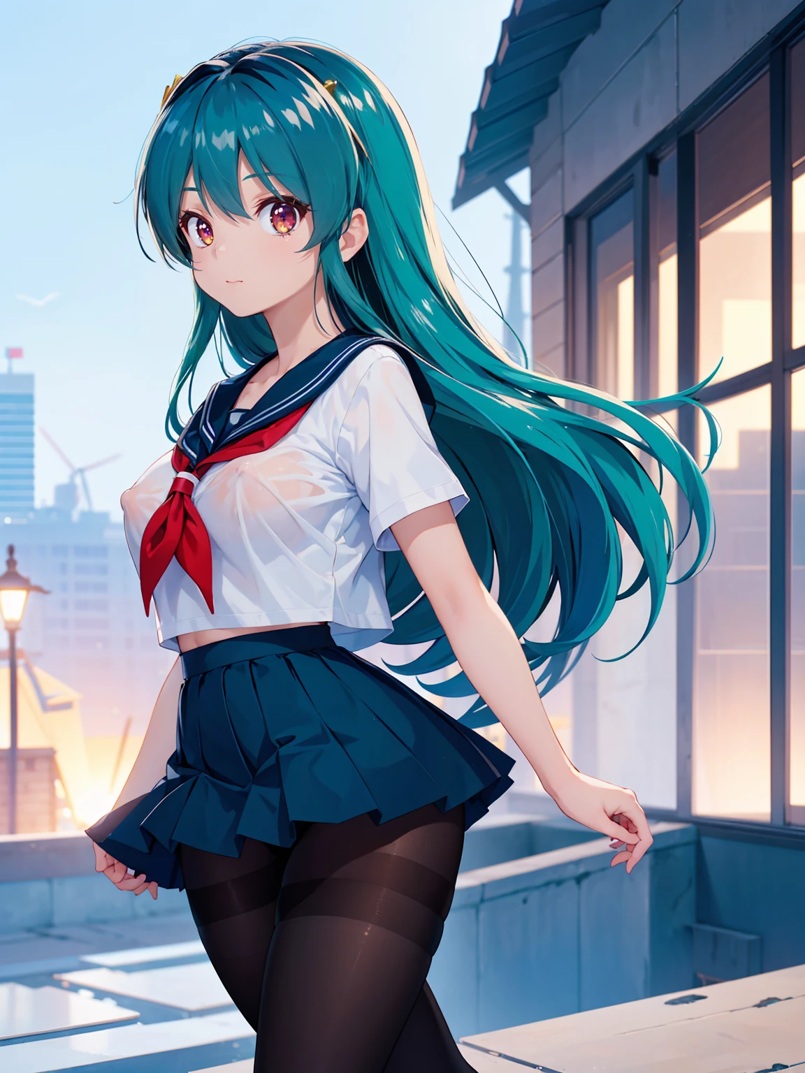 (1 Girl:1.2),(high quality), (High resolution), (Very detailed), (8k),(Demolition paperback correct)、Urusei Yatsura、Ram-chan、Sexy Lingerie、Wearing a sailor uniform、((Focus on the whole body))、Nipple Shape、((Black Pantyhose))、Hair messed up by the strong wind、Neutral White Lighting,Sexy pose、