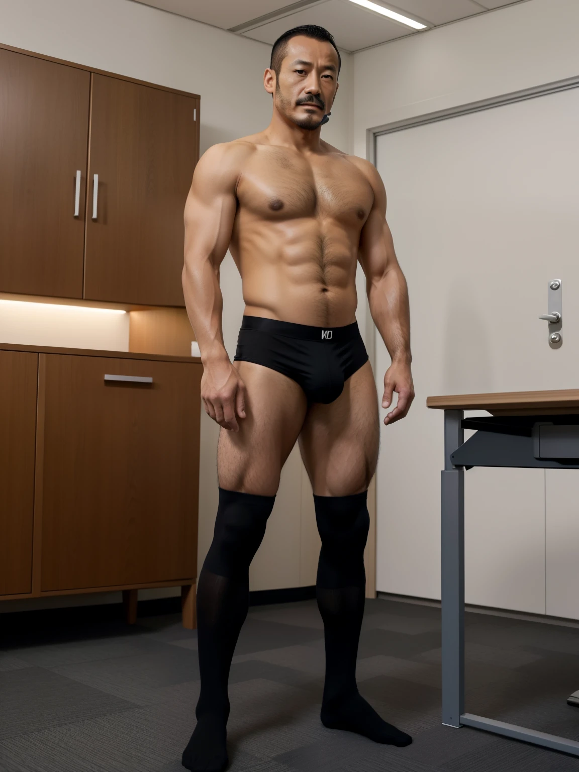 40 years old,Hidetoshi Nakata,(Kogoro Mori 1.3),whole body,Black socks,Two skinny muscular men standing,office,Thick body hair,Red underwear,Topless,Densely hairy,Fortitude,HD,With a mustache,Tights