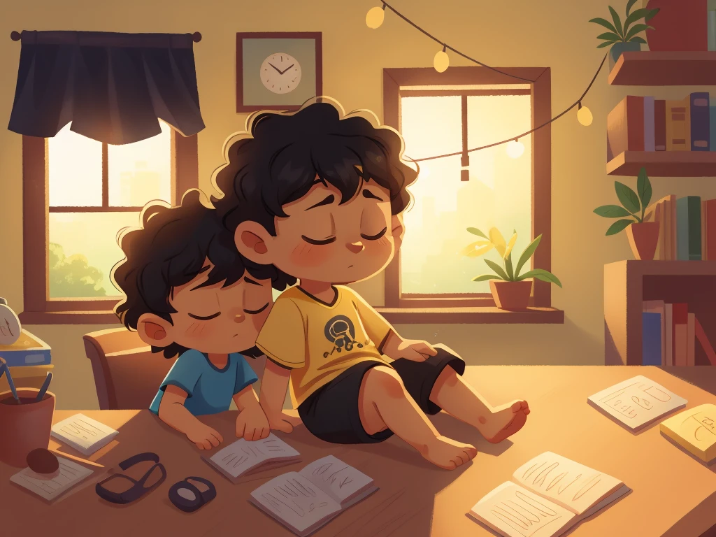 Illustration of 3 years old baby black curly very short hair and brown eyes wearing yellow tshirt and black shorts feel very tired and lazy and sleeping ,eyes is closed and sitting on desk, background is minimal with large window time is morning
