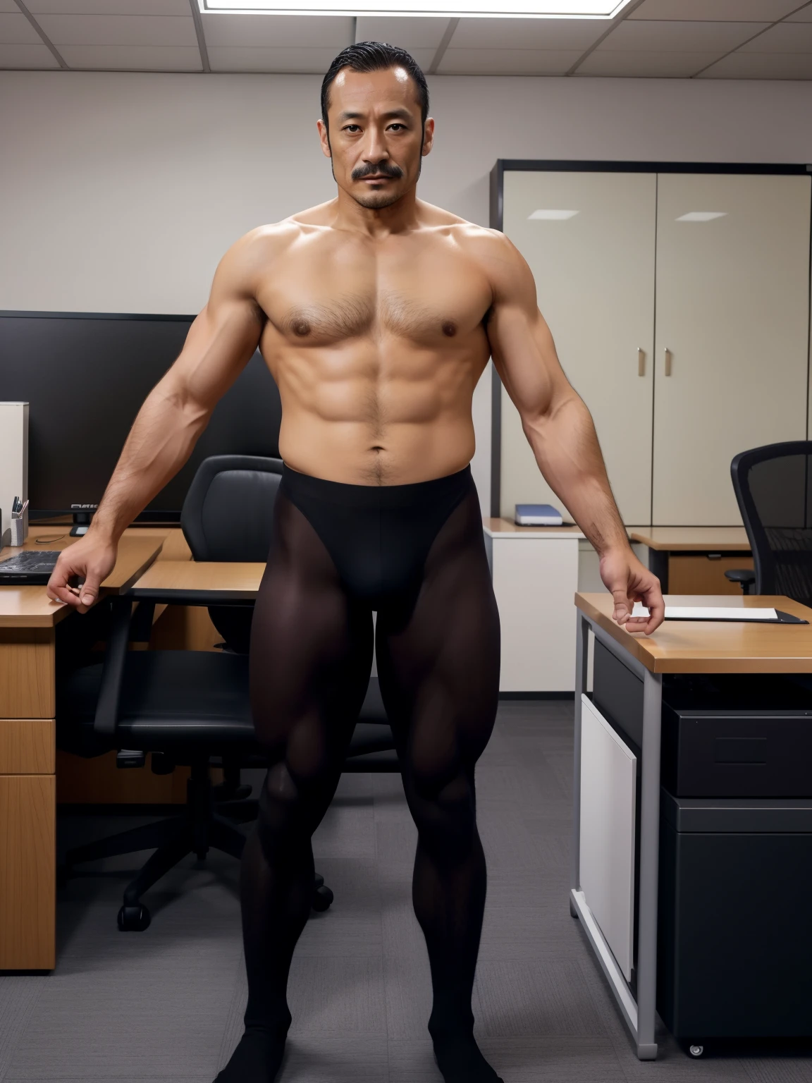 40 years old,Hidetoshi Nakata,(Kogoro Mori 1.3),whole body,Black socks,Two skinny muscular men standing,Open hands,office,Thick body hair,Red underwear,Topless,Densely hairy,Fortitude,HD,With a mustache,Tights