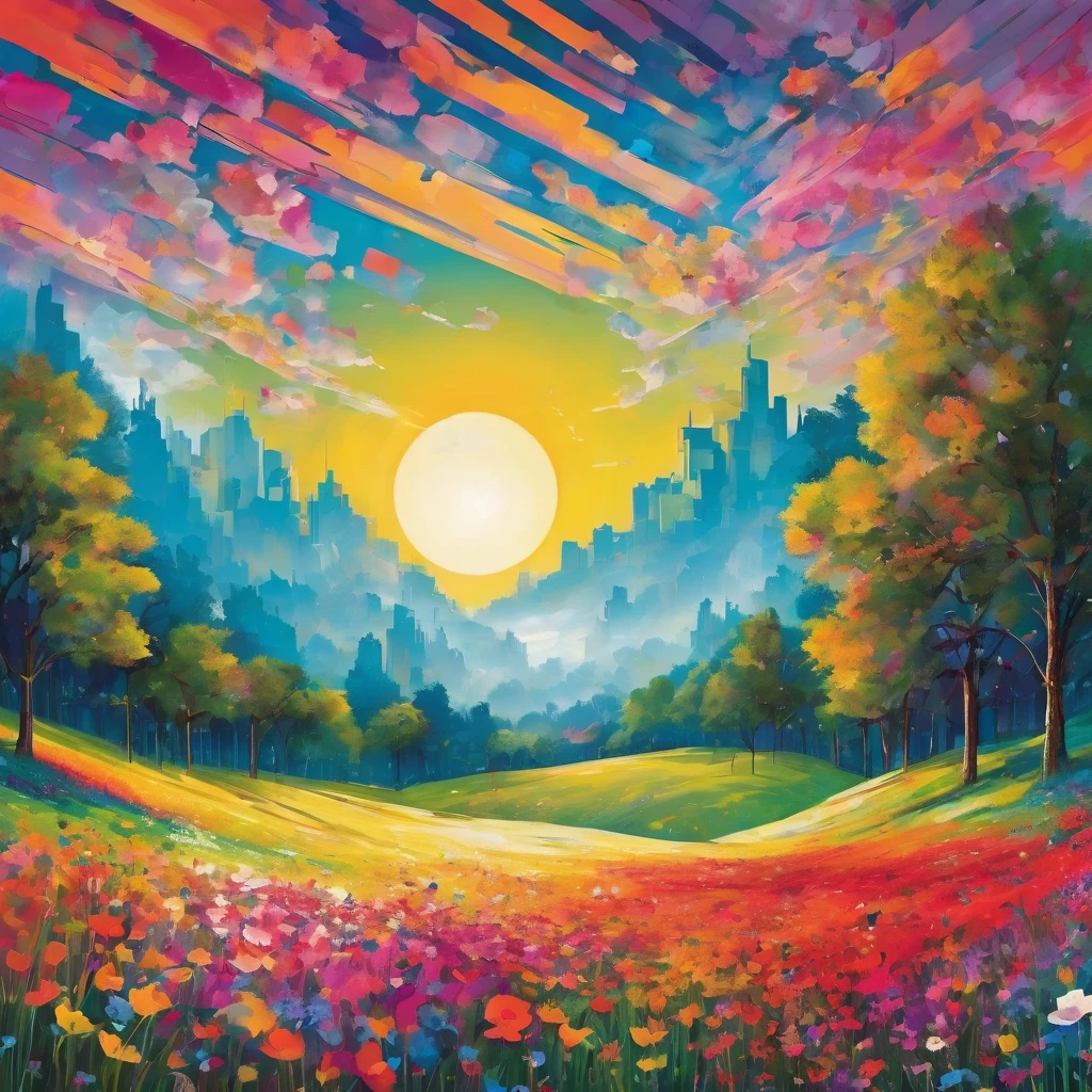 "Visualize an interpretation of a heart, floating through the sky above a vibrant and dynamic flower meadow. Break down the shape of the heart into geometric shapes and fragmented planes, To capture its movement and energy in a unique and abstract way. Incorporate bold colors and sharp angles, to convey a feeling of movement and tension. Play with perspective and layering, to create a multidimensional composition, which questions traditional notions of space and form. Be inspired by the avant-garde spirit of surreal realism and see nature in a fresh and innovative light.. Unleash your creativity, as you bring this imaginative scene to life on the screen