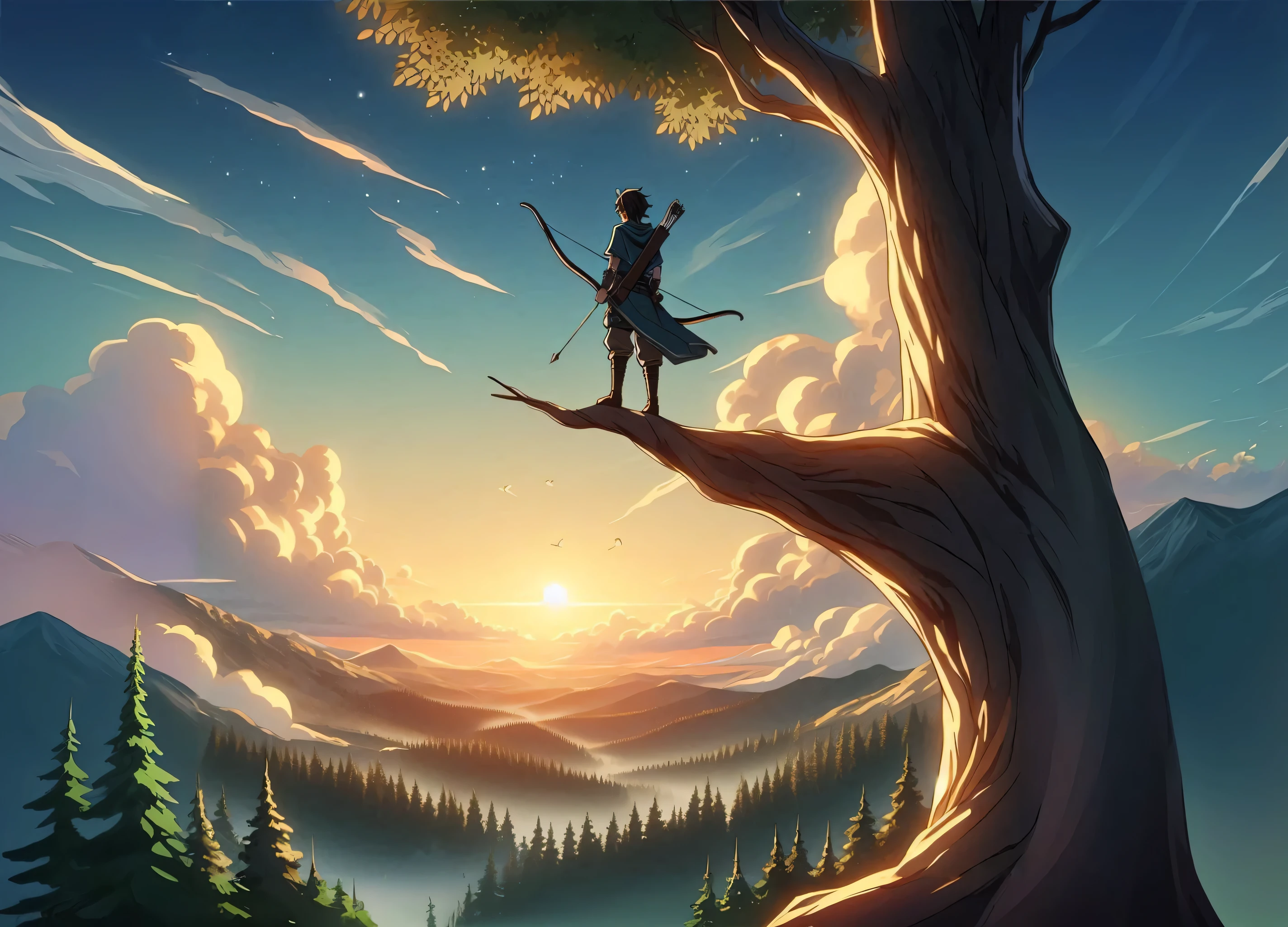 an archer standing on top of a tree watching the horizon in anime style