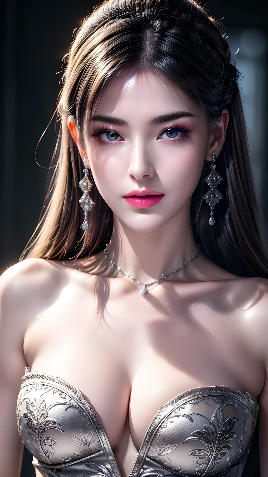 best quality, masterpiece, Big , (Large Breasts), Delicate skin texture, Detailed fabric texture, Delicate face, Super Detail, 8k, Intricate details, 1 Girl, 30 years old, High contrast, High resolution eyes, Silver Hair Goddess，Royal sister，Sexy。