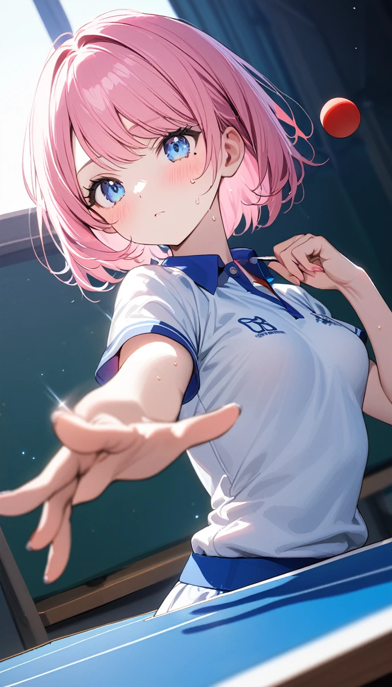 (1 girl),(Best Picture Quality, 8K, Masterpiece:1.3), (high school student:1.5), ((pink lob hair:1.1)), (bob cut),(swept bangs), (cute eyes, pupil black, iris skyblue, youthful face), (mole under right eye), (standard weight), (small breasts), (glistening skin:1.1),(pale skin:1.2),((showing armpits)),((baseball uniform)),(Smile),(sweat),(short sleeve),((sleeve flip))