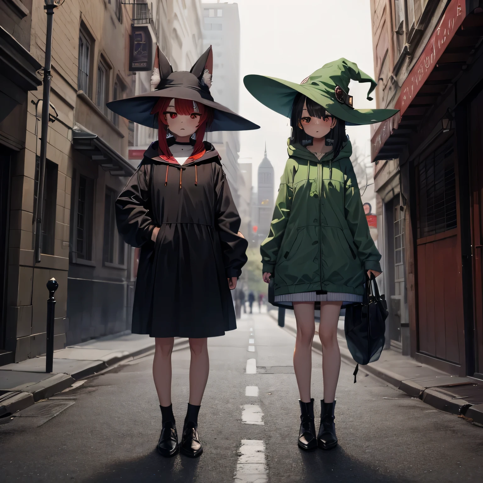 two friends, a girl with nine tails, red hair, Brown eyes, fox ears, expression would be wearing a green hood, and another girl with black hair, red eyes and witch hat, in a city, Full-body image