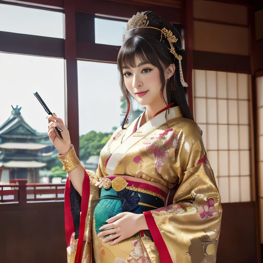 ((top-quality、masutepiece、8k、Top image quality、Very complex and detailed details、Shooting centered on one woman 、a person々a  photo of a、bright and vivid photos、a high chroma、1 photo))、((1 Princess、empress、Princess of the Heian period、Princess cut hairstyle、Take photos from up close to her、Mainly female close-ups、Detailed her face、Photographing a single woman、stand in the capital、Take a photo of her from the knees up、gorgeous costumes、Oiran、Oiran kimono、Gorgeous courtesan costume))、(((Atmosphere of the Heian period、Beautiful Niwa-lacquered pillars、Golden Palace、Golden decoration、The most luxurious royal palace of the Heian period、Huge and majestic Niwa-lacquered gate、Beautiful and perfect Heiankyo、beautiful and luxurious tiled roof、many luxurious buildings、Lots of buildings、the most luxurious capital、luxurious and luxurious building、A complete reproduction of the gorgeous capital of the Heian period、The perfect capital of Heiankyo、luxury city、Japan in the 800s、Townscape of the Heian period、Heian period、Perfect reproduction of Japan、Heian period)))、(Perfect gas chamber、A smile), pregnant, big belly bump.