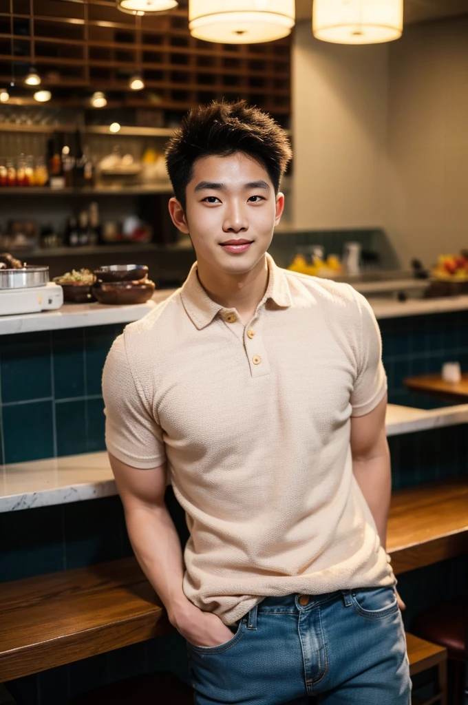 ((realistic daylight)) , Young Korean man in only a polo shirt, no stripes, and jeans., A handsome, muscular young Asian man looks at the camera.  , in the restaurant ,turn sideways, smile