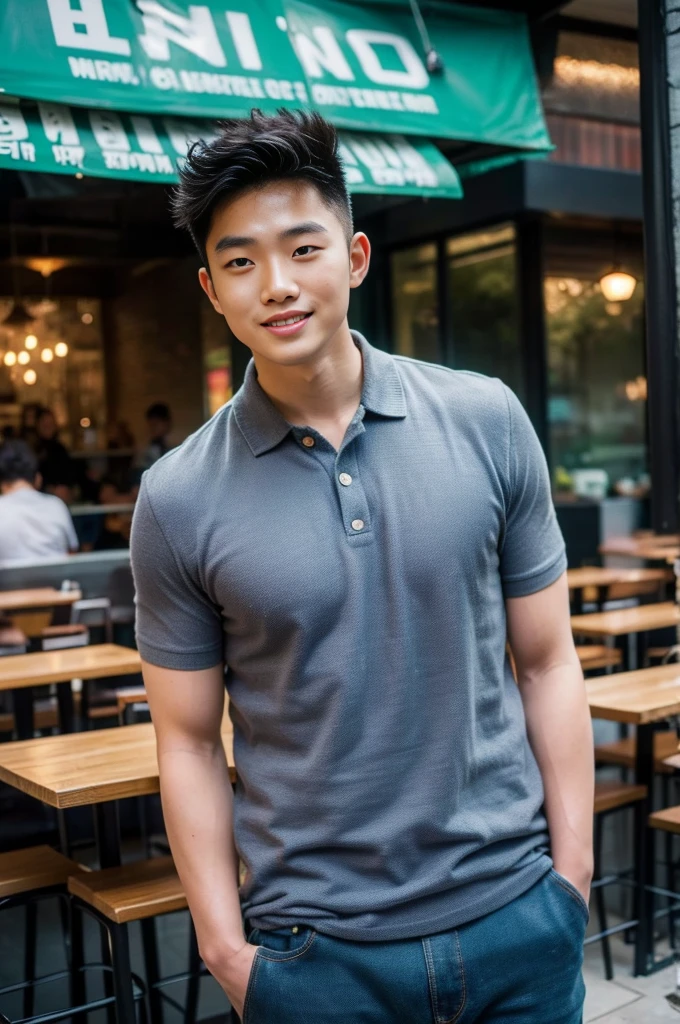 ((realistic daylight)) , Young Korean man in only a polo shirt, no stripes, and jeans., A handsome, muscular young Asian man looks at the camera.  , in the restaurant ,turn sideways, smile