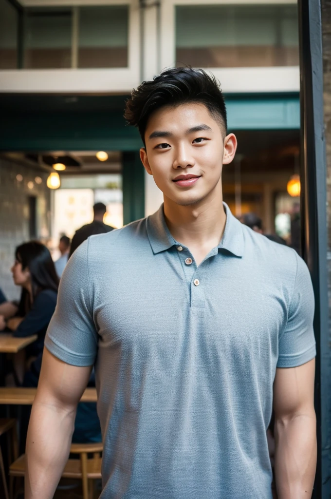 ((realistic daylight)) , Young Korean man in only a polo shirt, no stripes, and jeans., A handsome, muscular young Asian man looks at the camera.  , in the restaurant ,turn sideways, smile