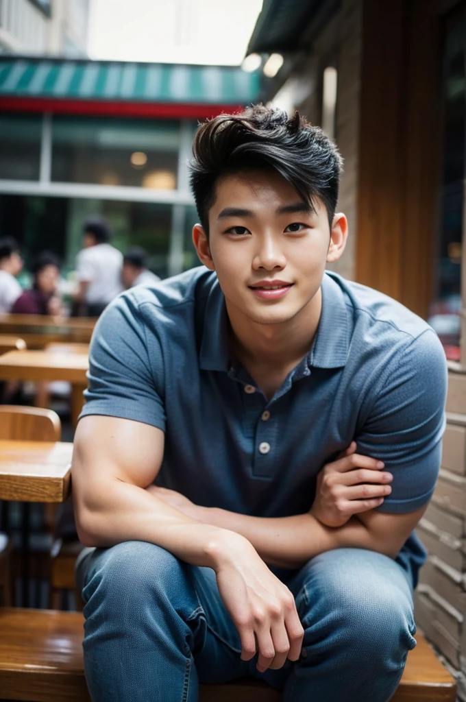 ((realistic daylight)) , Young Korean man in only a polo shirt, no stripes, and jeans., A handsome, muscular young Asian man looks at the camera.  , in the restaurant ,turn sideways, smile