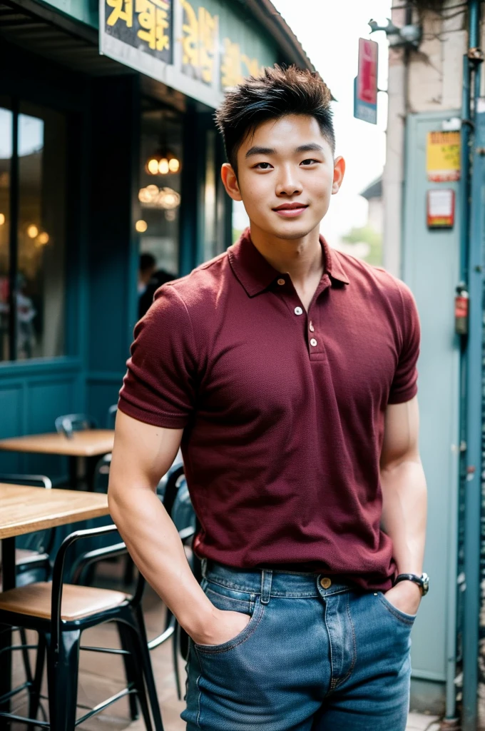 ((realistic daylight)) , Young Korean man in only a polo shirt, no stripes, and jeans., A handsome, muscular young Asian man looks at the camera.  , in the restaurant ,turn sideways, smile