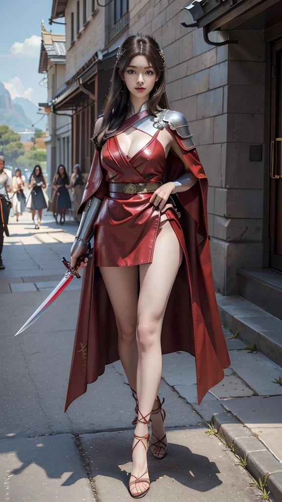((Full body photo, standing, feet on the floor)) Woman in red silver dress, ((run)), Escape the monsters, Immersive art station, ศิลปะFantasyที่มีรายละเอียด, Amazing character art, Excellent and neat character art, beautiful armor, very detailed, red armor girl, Exquisite headdresses and ornaments, (best quality, 10, Masterpiece :1.3), (realistic, ภาพrealistic: 1.37), (1 girl), (Beautiful women between the ages of 18-20), (thin), (Focus on the slender abdomen.. :1.3), (Korea), (Pastel colored leather dress, Long red leather cloak, Long red leather cloak, Show your arms and shoulders., white leather skirt, short leather skirt, Emphasize her legs., High groove,), (รองเท้าHeel Height), (Random pose), Huge breasts, exposed cleavage, ((dark brown hair, long hair)), exquisite face, Open the show, Fantasy, Slender figure, Very smooth face, Good eyes, Double eyelids, (long hair, Random hairstyles), (big girl :1.3), (outdoor), (Extraordinarily detailed face), (Detailed eyes), (Double eyelids), (Eyeshadow makes eyelashes look thicker.......), obscure, (Long legs, Heel Height), (((Whole body))), (professional lighting), (Photon mapping), (Radiation), red armor girl, silver armor girl, ((Big Sword)), (Look directly at the audience.....), cliff scene, mountain, cave mouth, stone, Dungeon